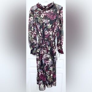 Julia Jordan Floral Dress Long Sleeve Tie Neck Midi Sheer Overlay Size 14 NWT